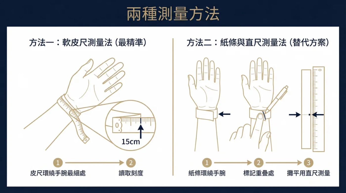 水玥璨 LUMORY 水晶手鍊手圍測量方法圖解：軟皮尺測量法與紙條直尺測量法